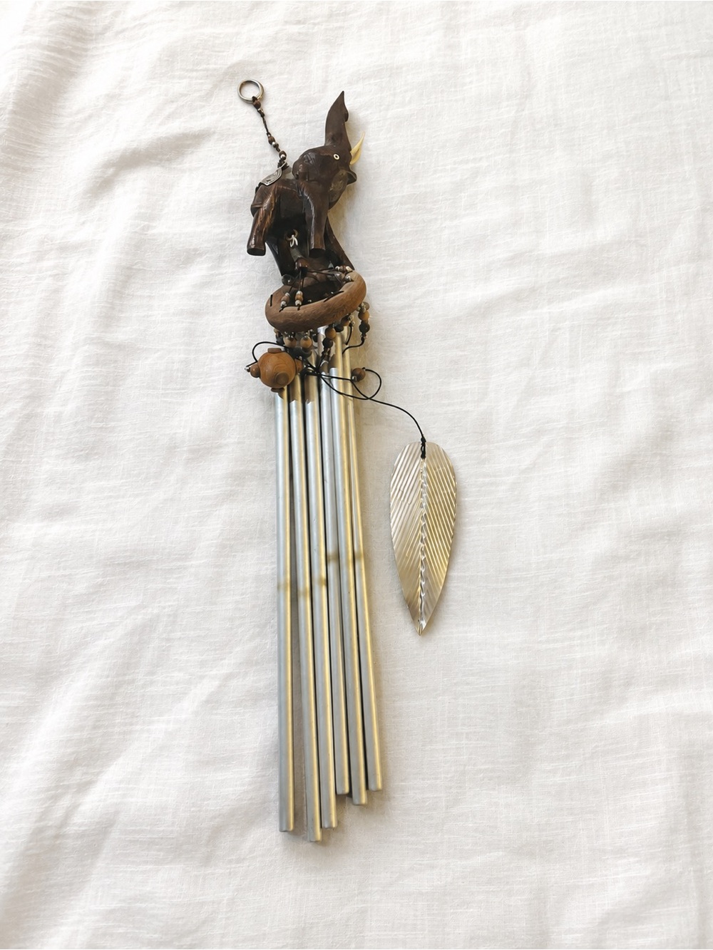 Hand-Carved Wooden Elephant Wind Chime with Metal Tubes – Boho Décor